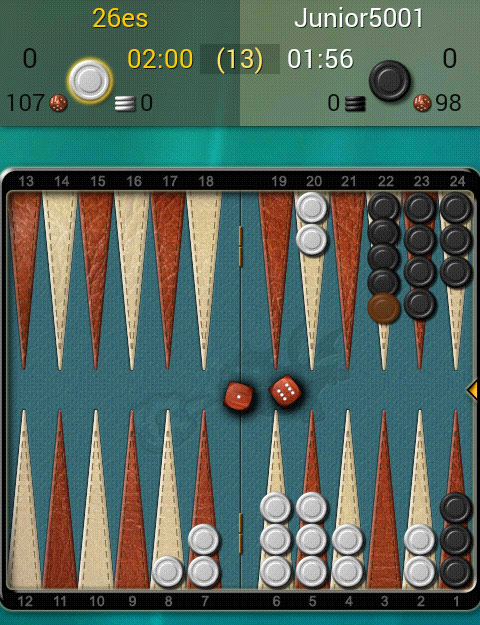 Online backgammon game interface on a smartphone